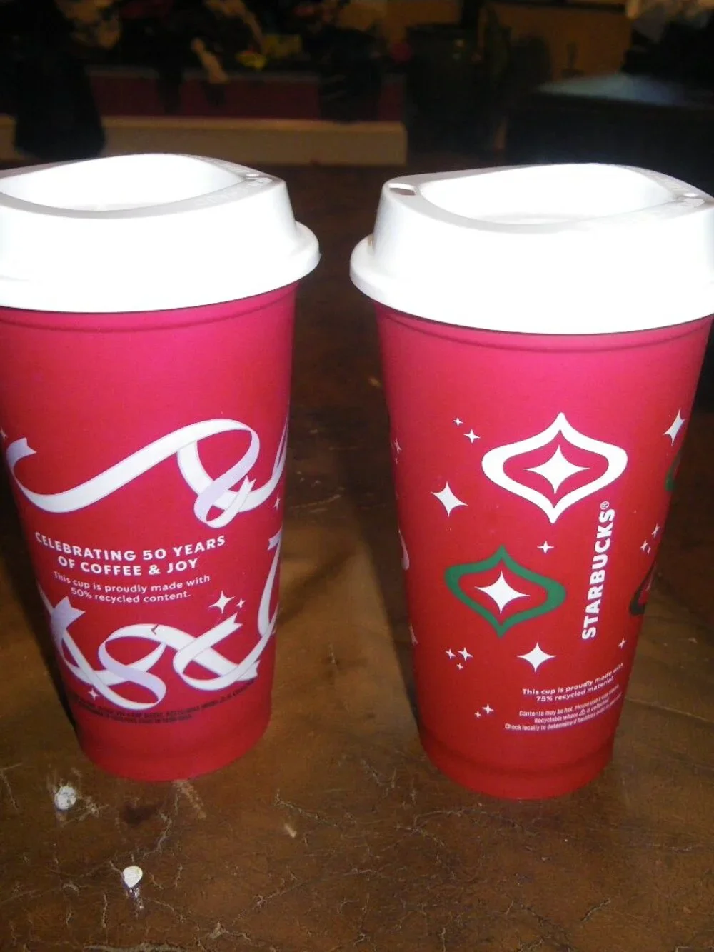 2 Starbucks 50 Years Celebrate Coffee 16 oz Reusable Cups Red w/ White Lids